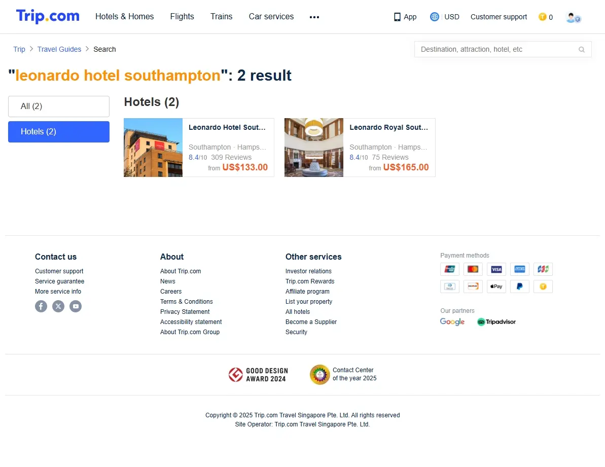 Screenshot showing hotel search results for Leonardo Hotel Southampton with special offers.