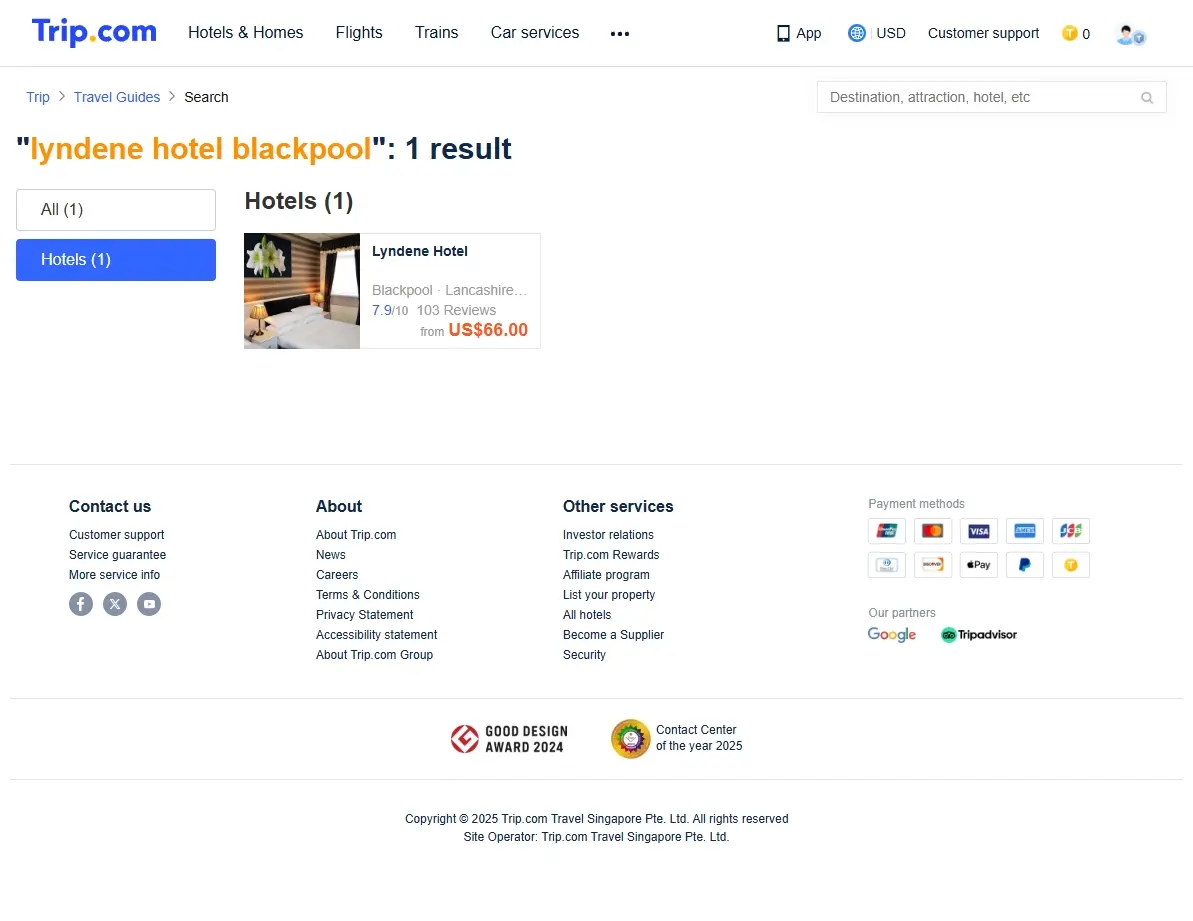 Screenshot of hotel booking website showing deals for Lyndene Hotel Blackpool