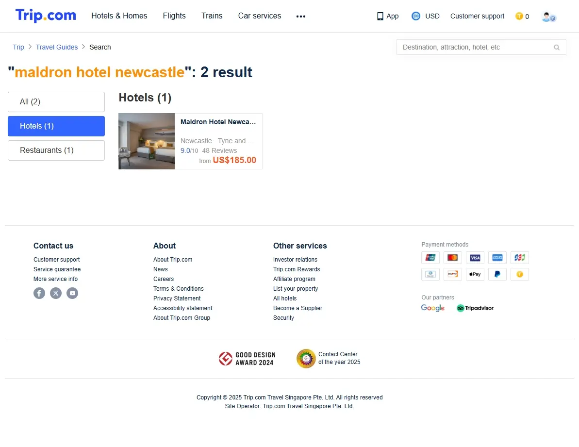 Screenshot showing special offers for Maldron Hotel Newcastle bookings