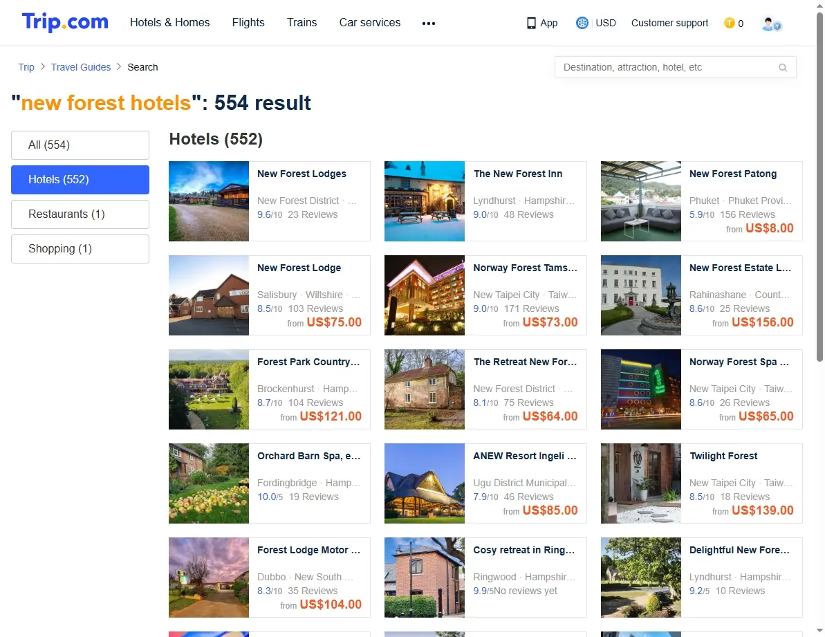 Screenshot showing hotel search offers for New Forest.