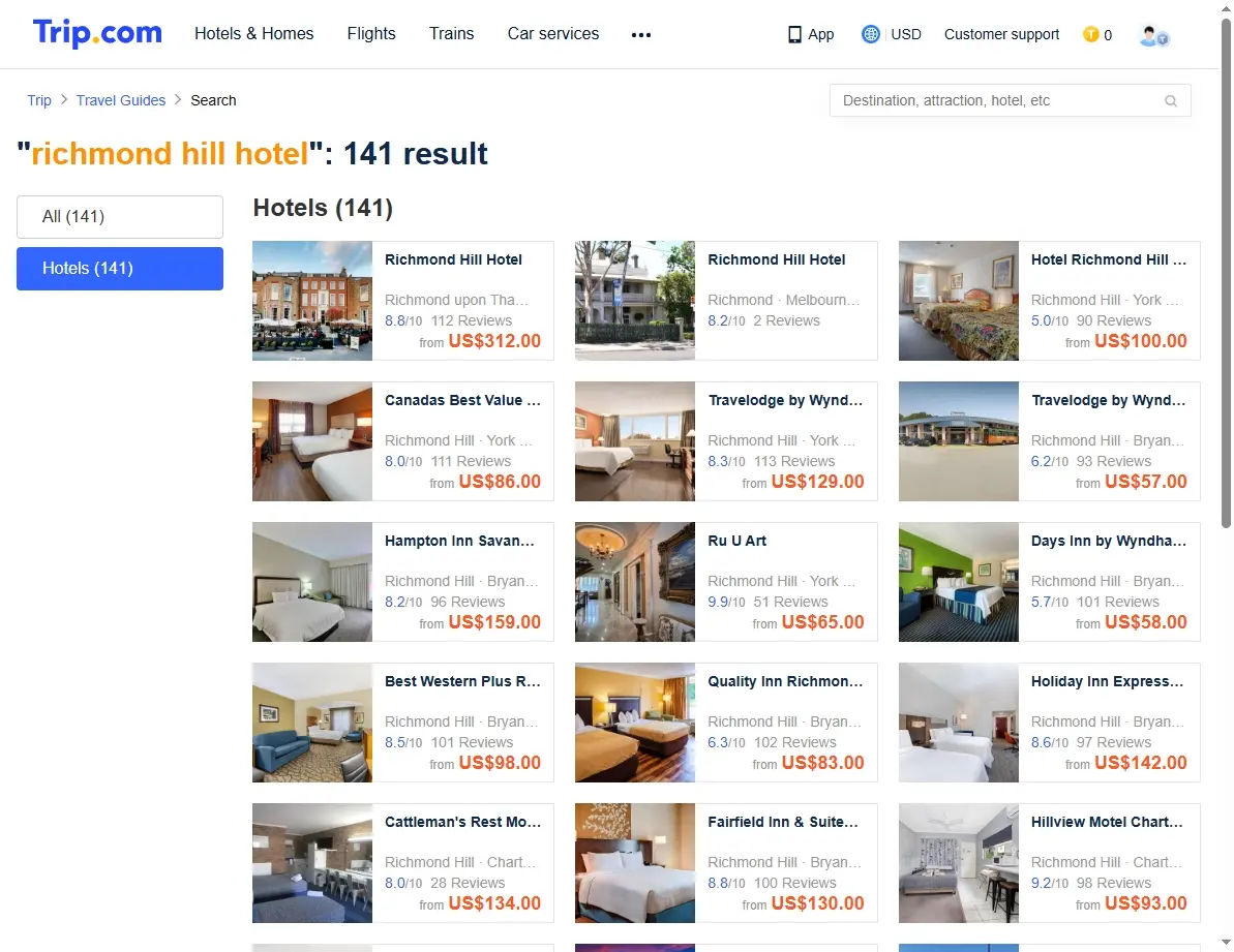 Screenshot of a hotel booking website showing special offers for Richmond Hill hotels