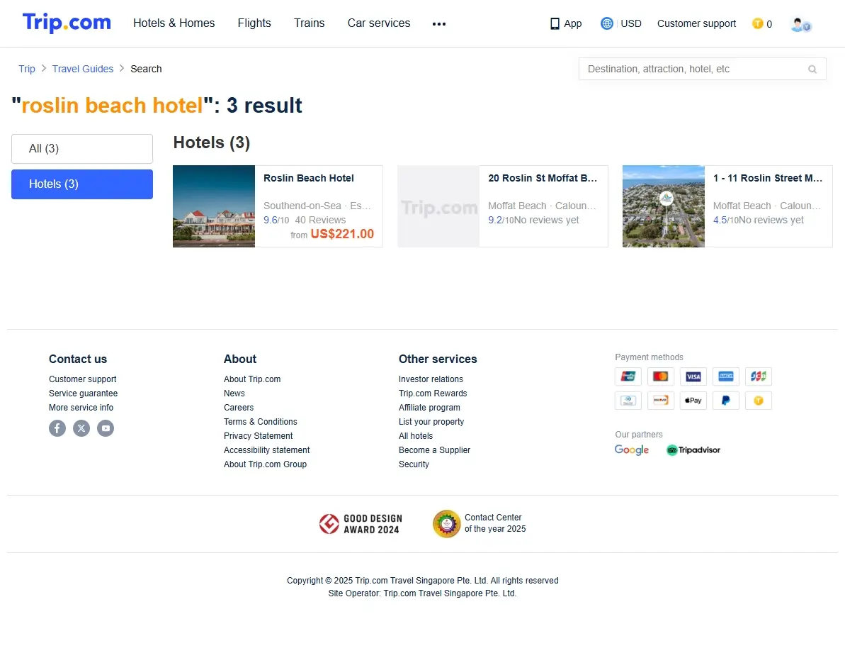 Screenshot of hotel booking website showing Roslin Beach Hotel offers