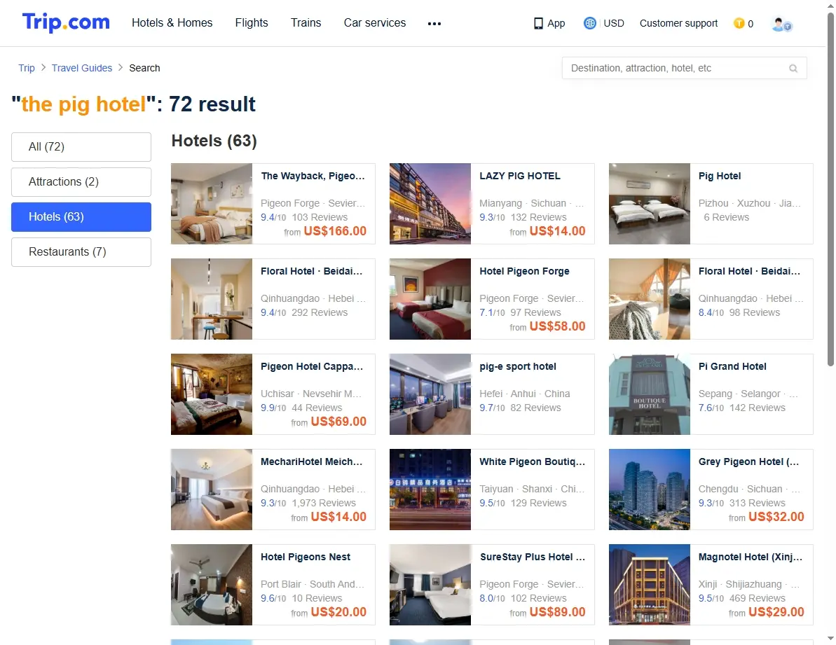 Screenshot of Trip.com showing special hotel offers for The Pig Hotel.