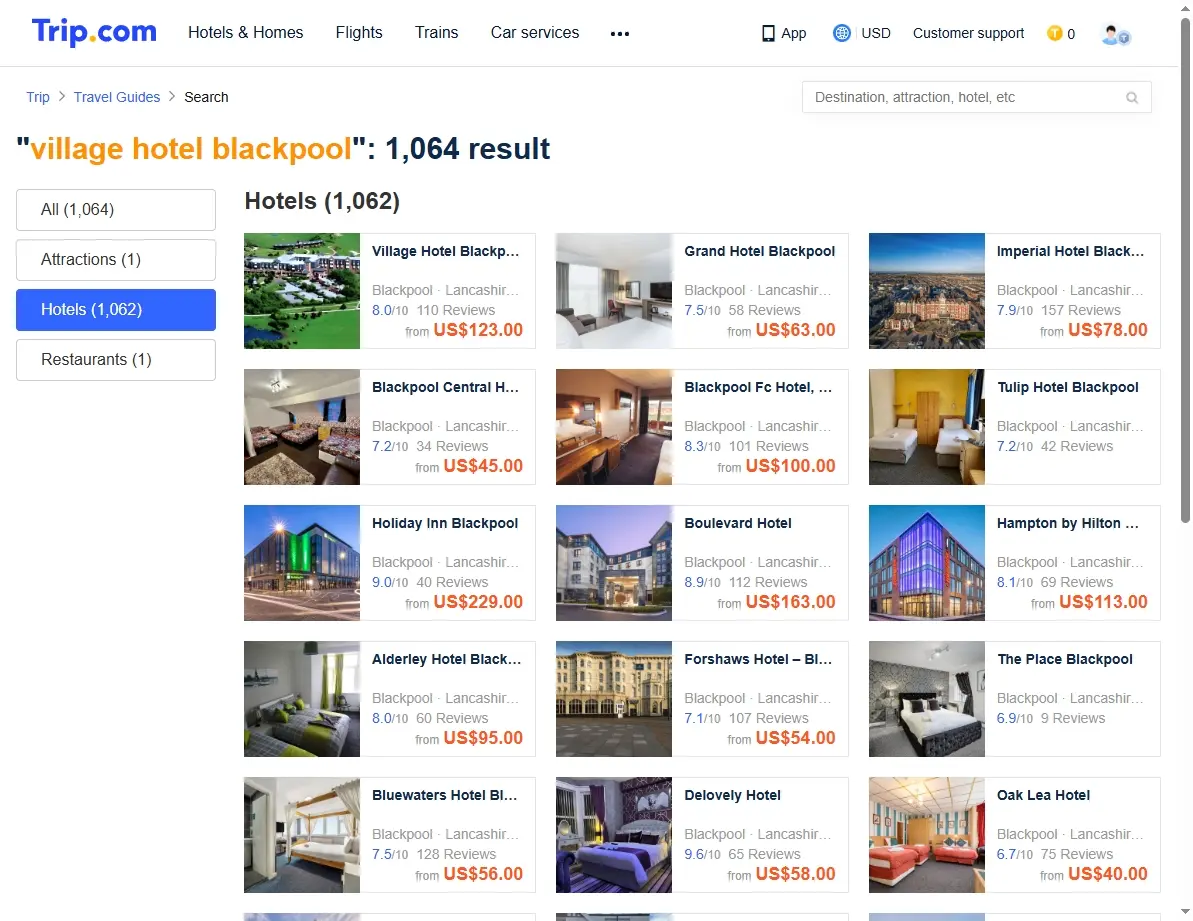 Screenshot of hotel booking website showing Village Hotel Blackpool offers