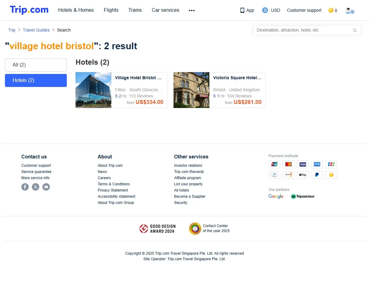 Screenshot showing special hotel offers and discounts for Village Hotel Bristol on a booking website.