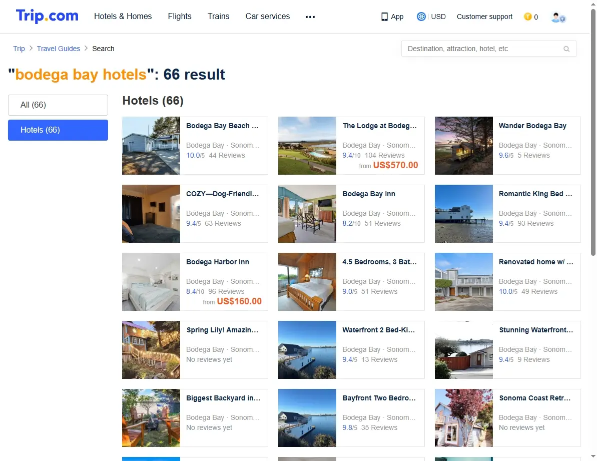 Screenshot of hotel offers for Bodega Bay on a booking platform