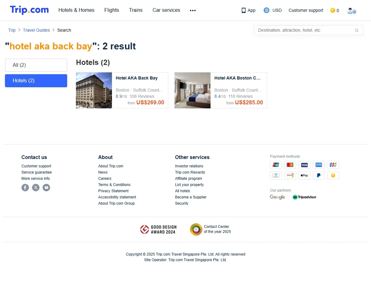 Screenshot of hotel offers page for AKA Back Bay on Trip.com