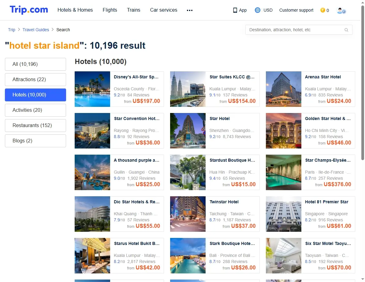 Search page showing special offers for hotel star island
