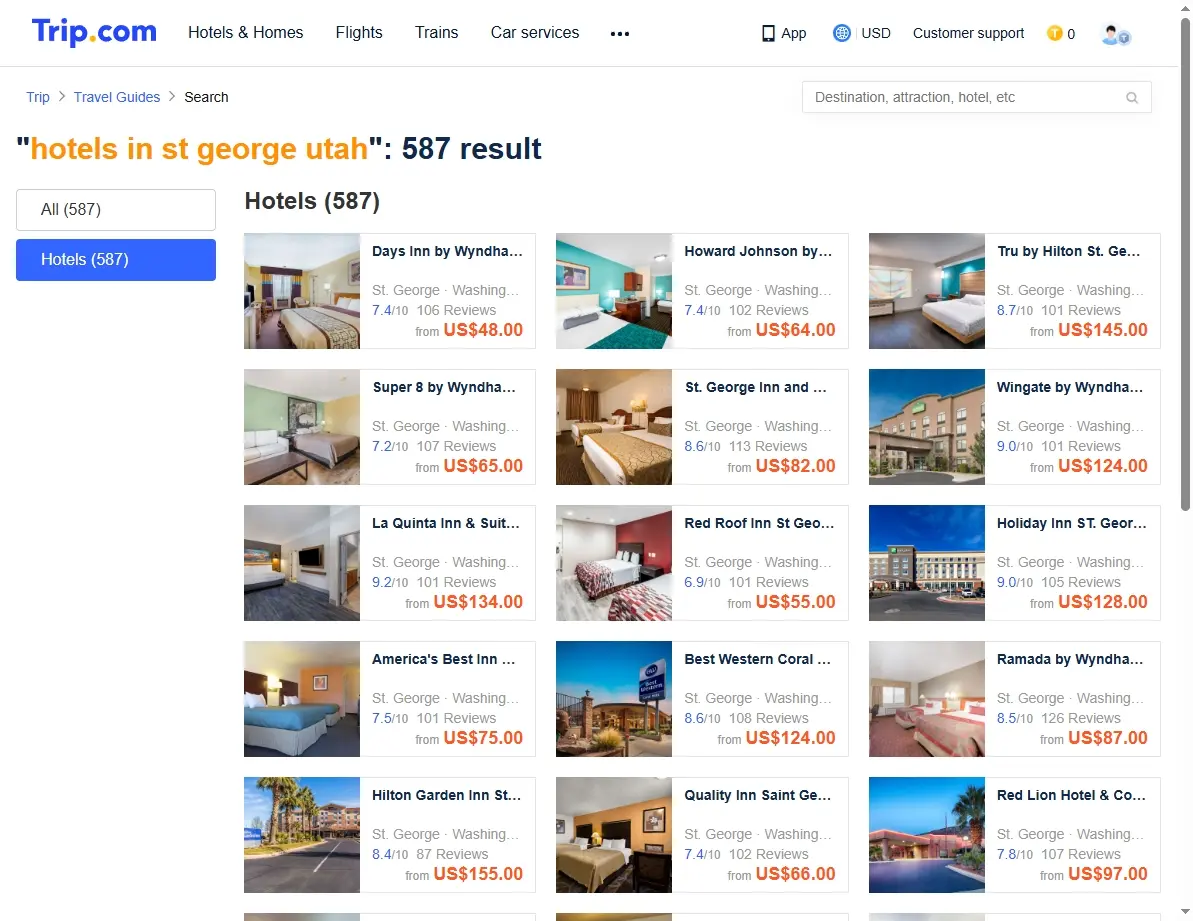 Screenshot showing hotel offers for St George Utah