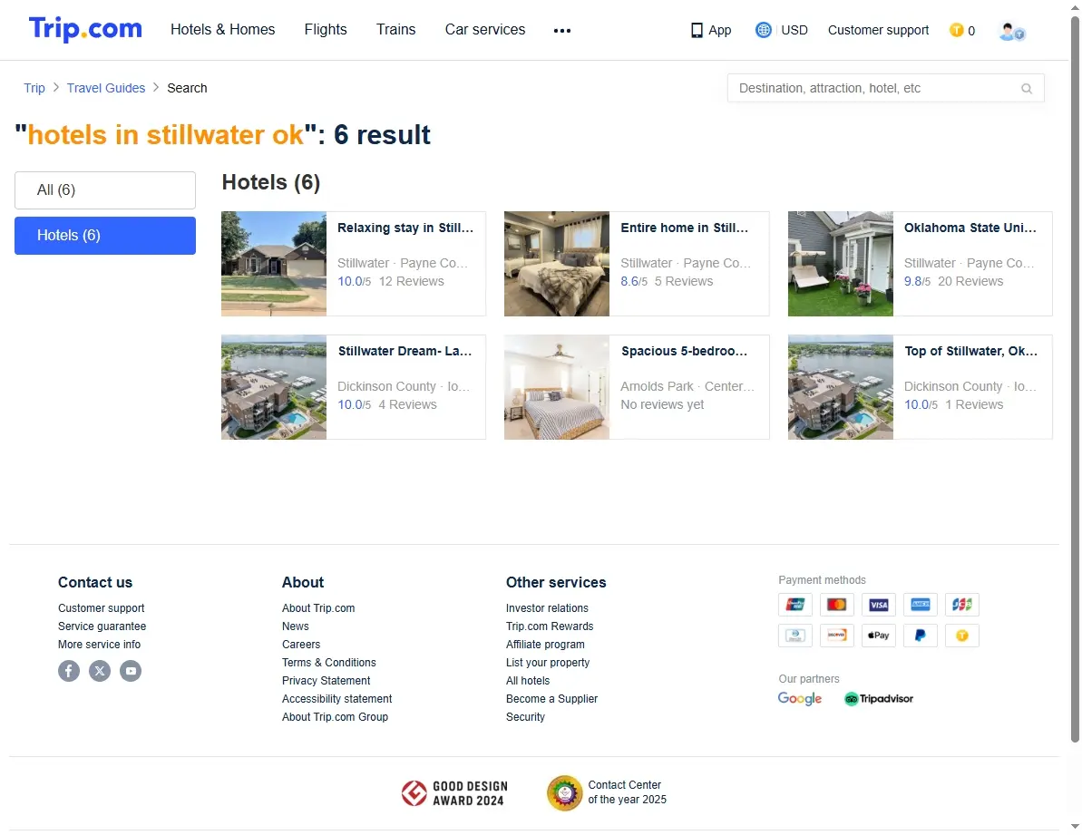 Screenshot of hotel booking website showing special offers for Stillwater hotels.
