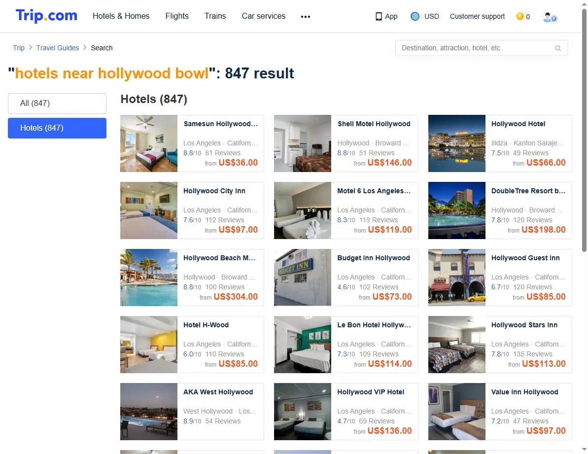 Screenshot showing hotel offers for Hollywood Bowl area on a booking website.