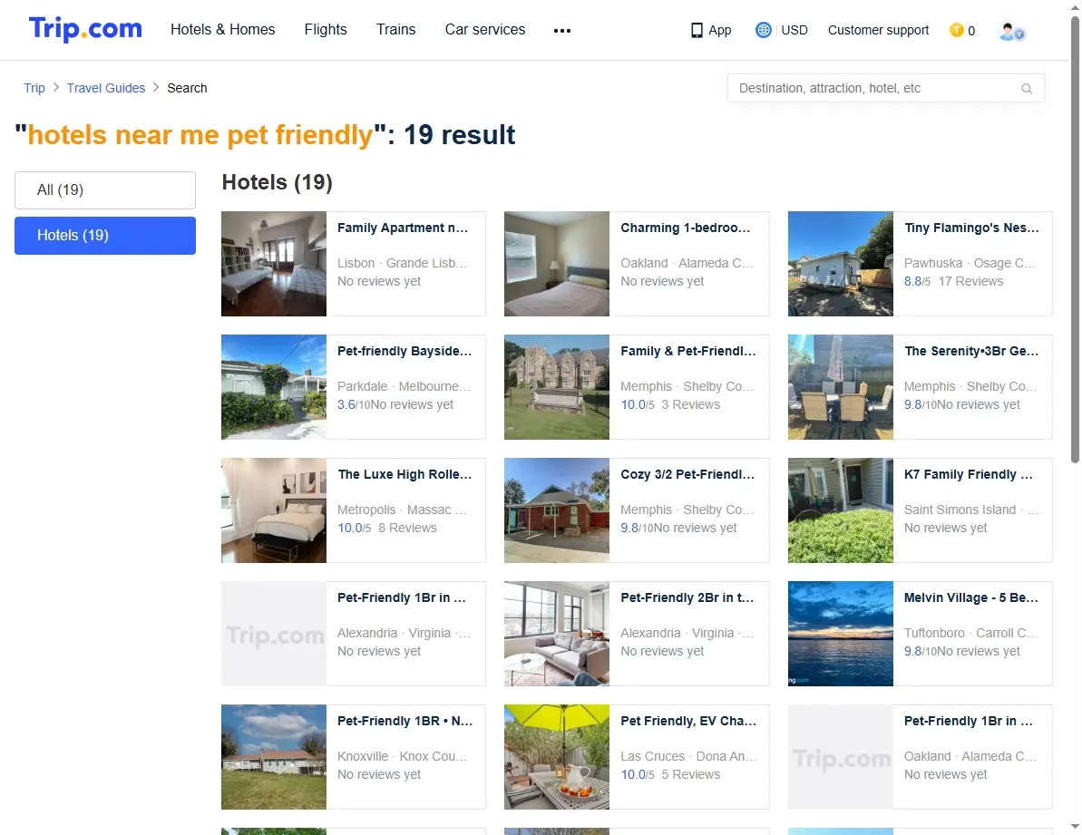 Screenshot of hotel search results showing special offers for pet-friendly hotels.