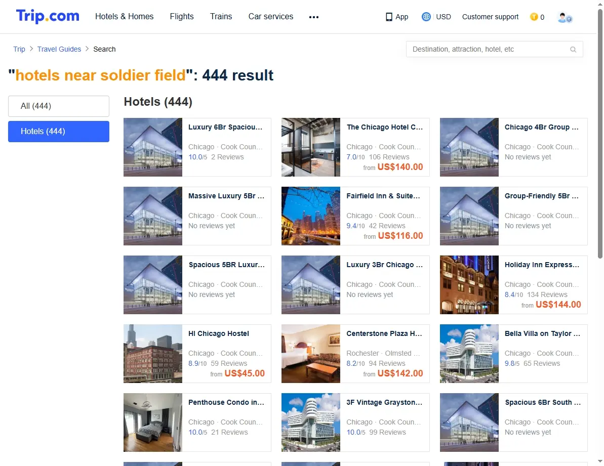 Screenshot of a hotel booking website showing special offers for travelers near Soldier Field.