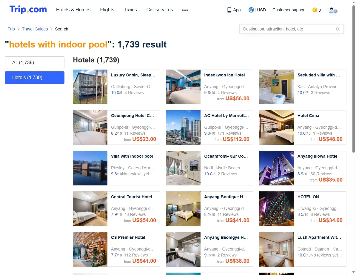 A screenshot of a travel website showing special hotel offers and discounts for hotels with indoor pool access.