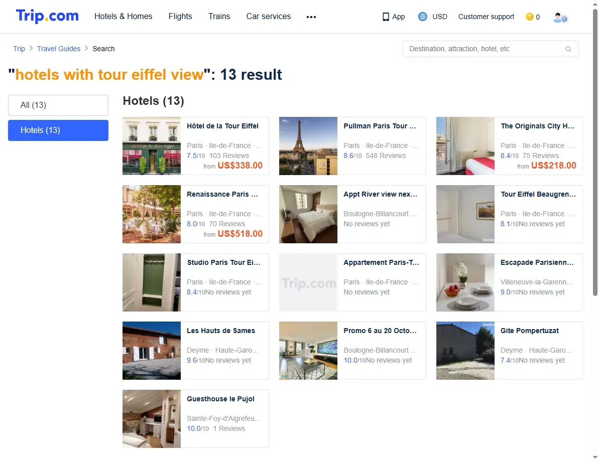 Screenshot of hotel offers page showing luxury Paris hotels.