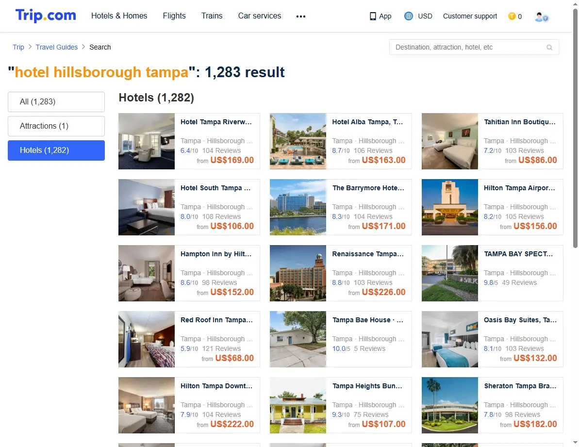 Screenshot of a website showing special hotel offers in Tampa.
