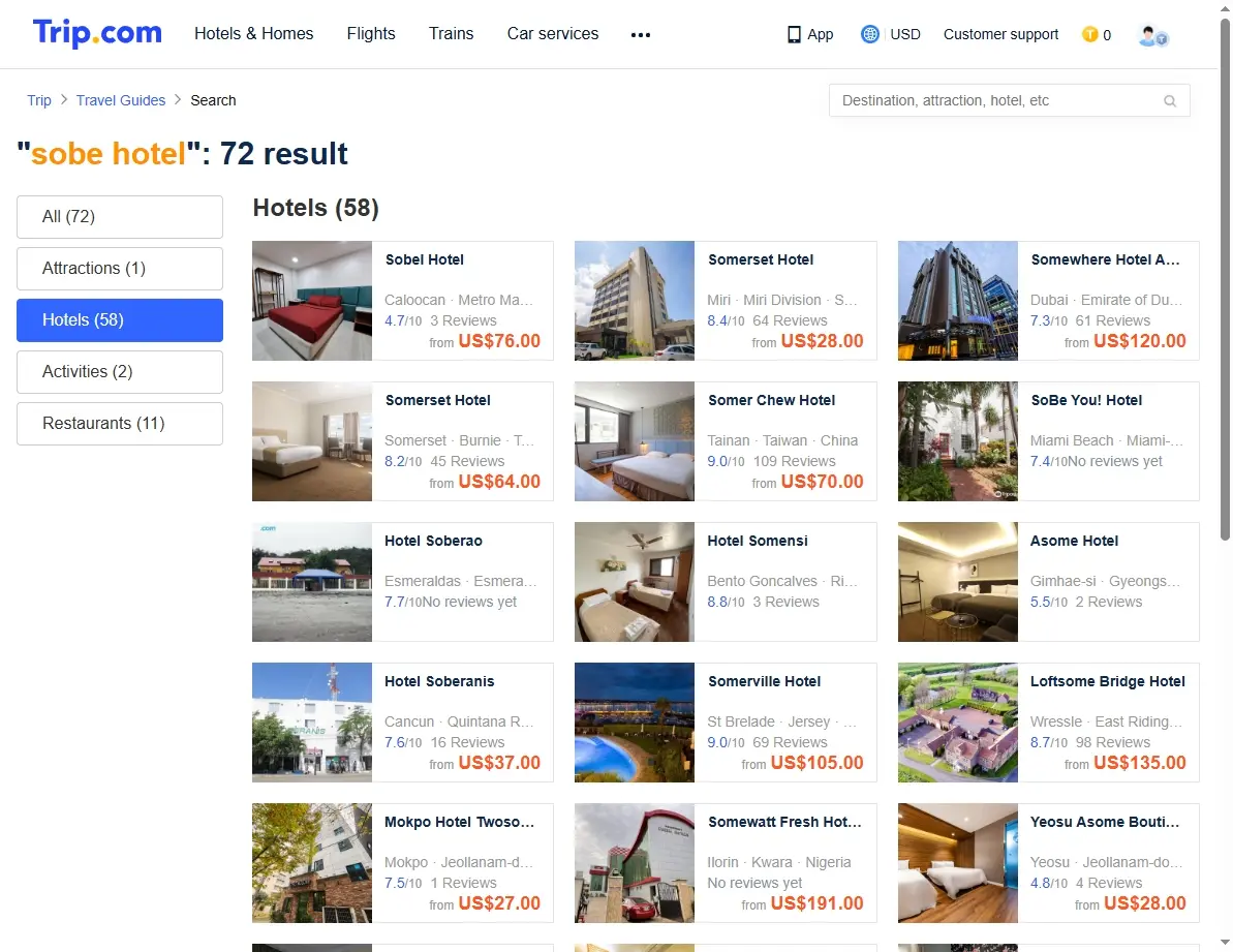 Special offers screenshot for Sobe Hotels on Trip.com