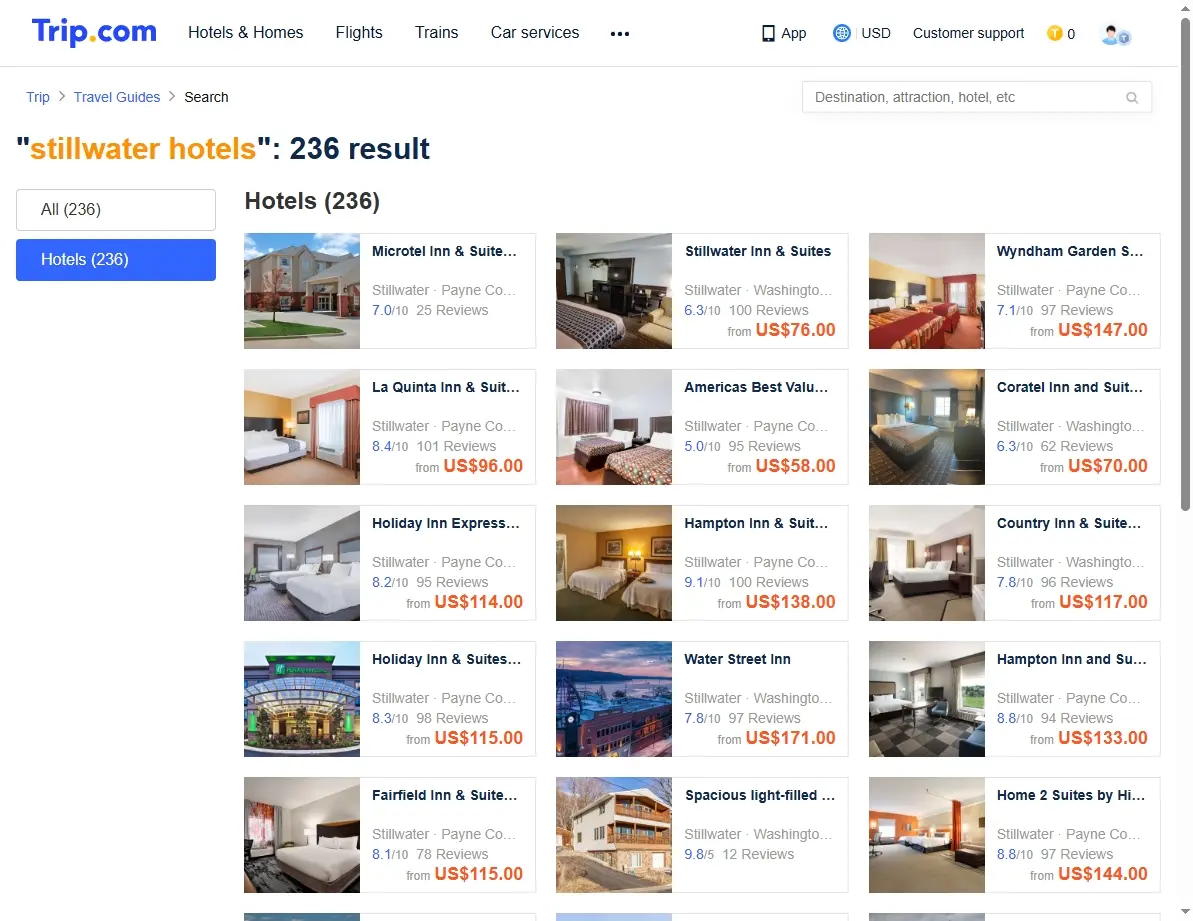 Screenshot showing special offers and deals for Stillwater hotels on a travel booking website.