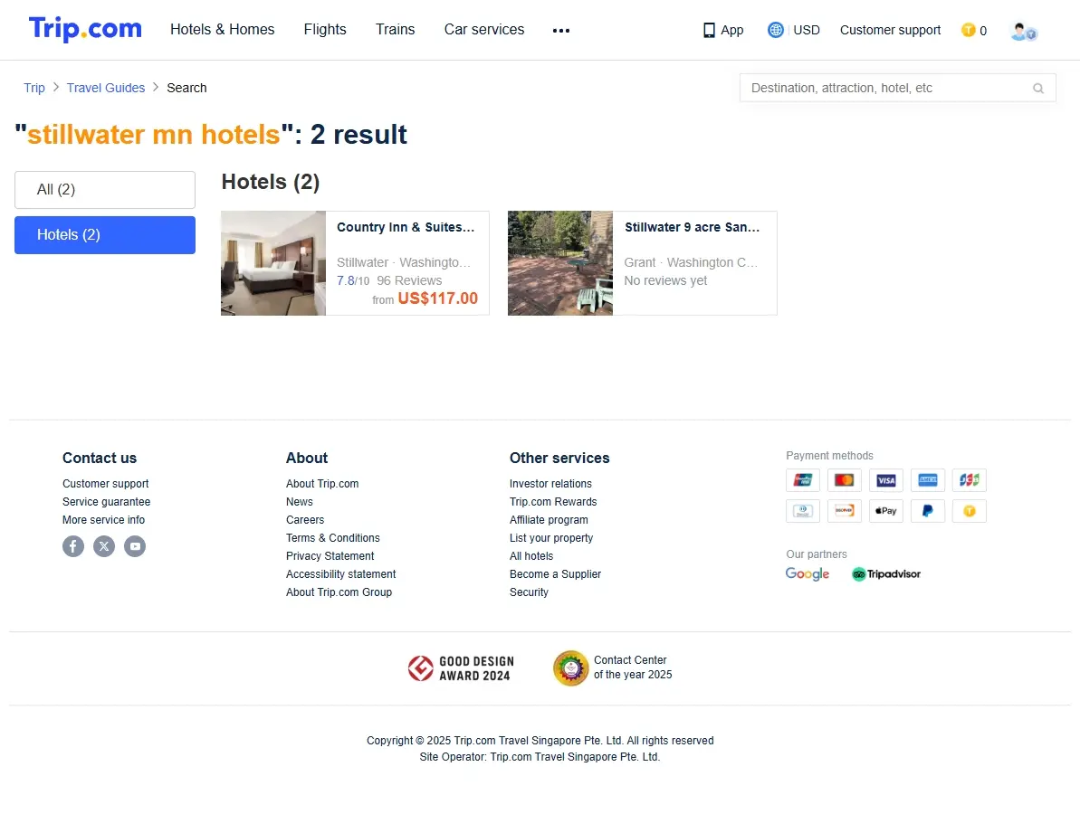 Screenshot showing special hotel offers for Stillwater MN hotels on Trip.com