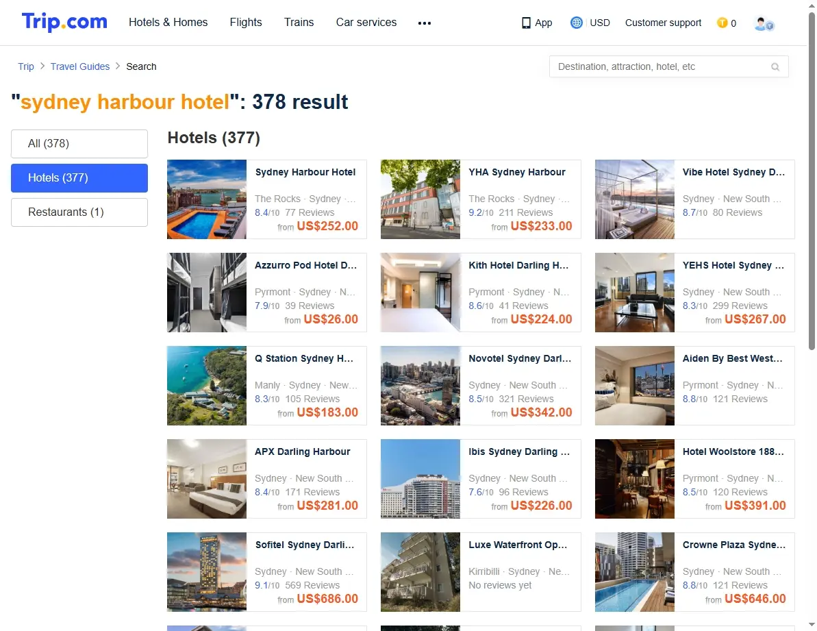 Screenshot showing special hotel offers for Sydney Harbour.