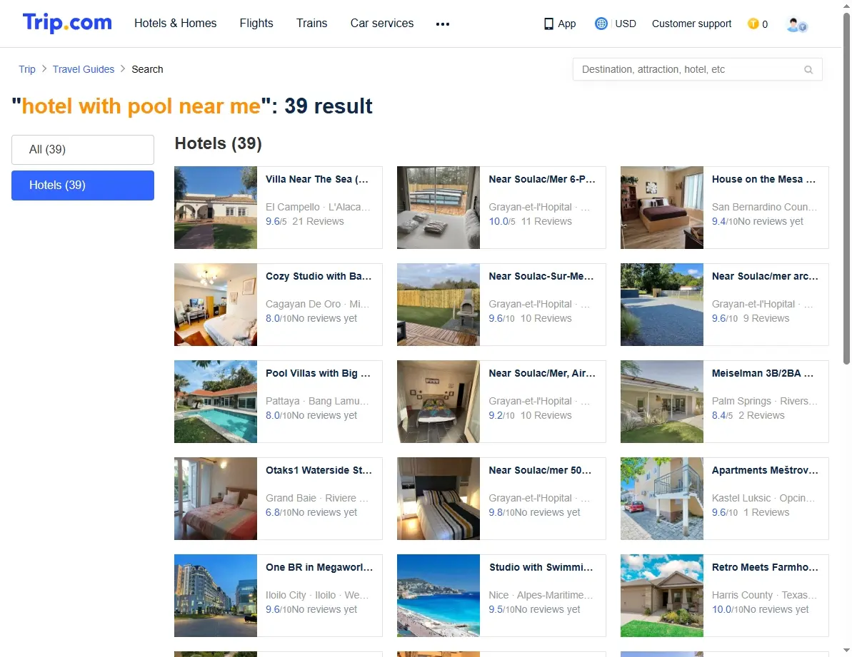Screenshot of a hotel booking website showing special offers for pool hotels.