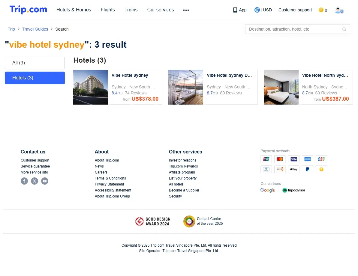Screenshot showing special hotel offers for Vibe Hotel Sydney on Trip.com