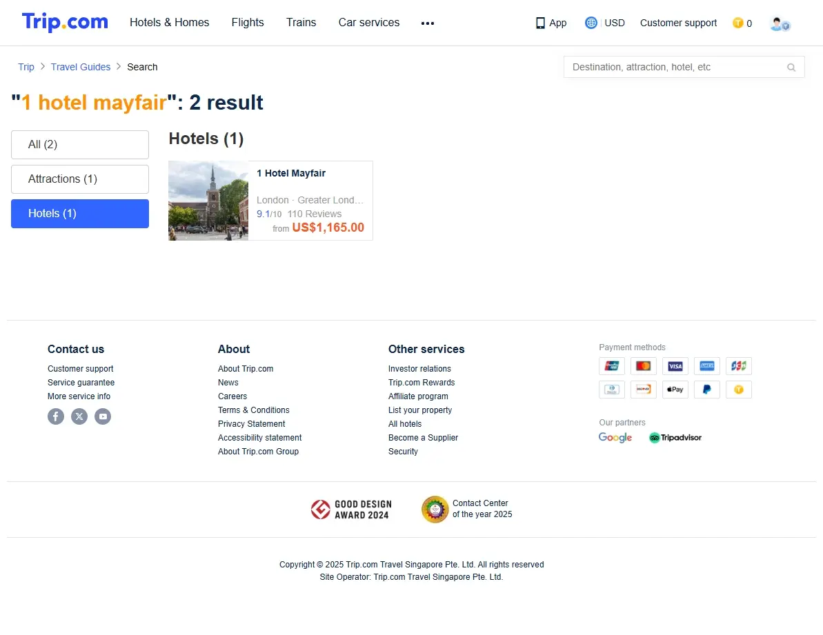 Screenshot showing hotel search results for 1 Hotel Mayfair with special offers highlighted.