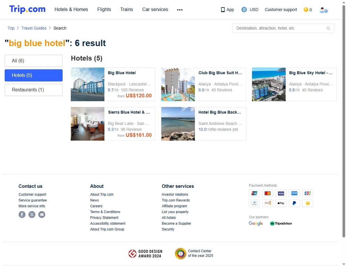 Screenshot showing special hotel offers for the Big Blue Hotel.