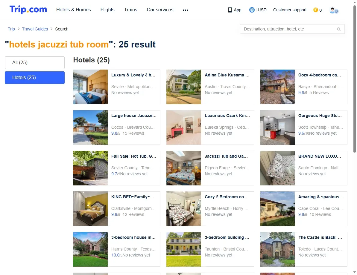 Screenshot of Trip.com search results page showing special offers for hotels with jacuzzi tubs.