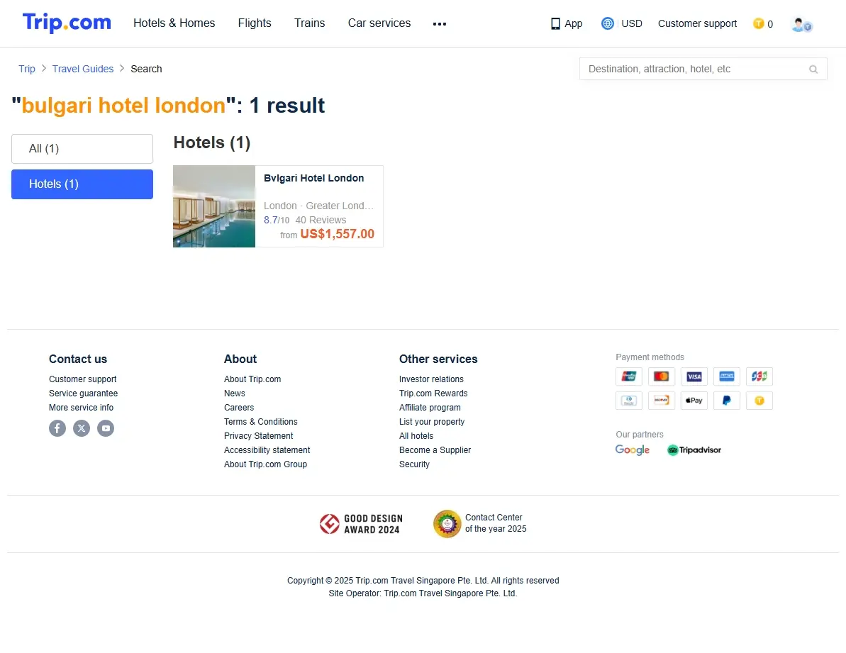 Screenshot of hotel booking website showing Bulgari Hotel London offers