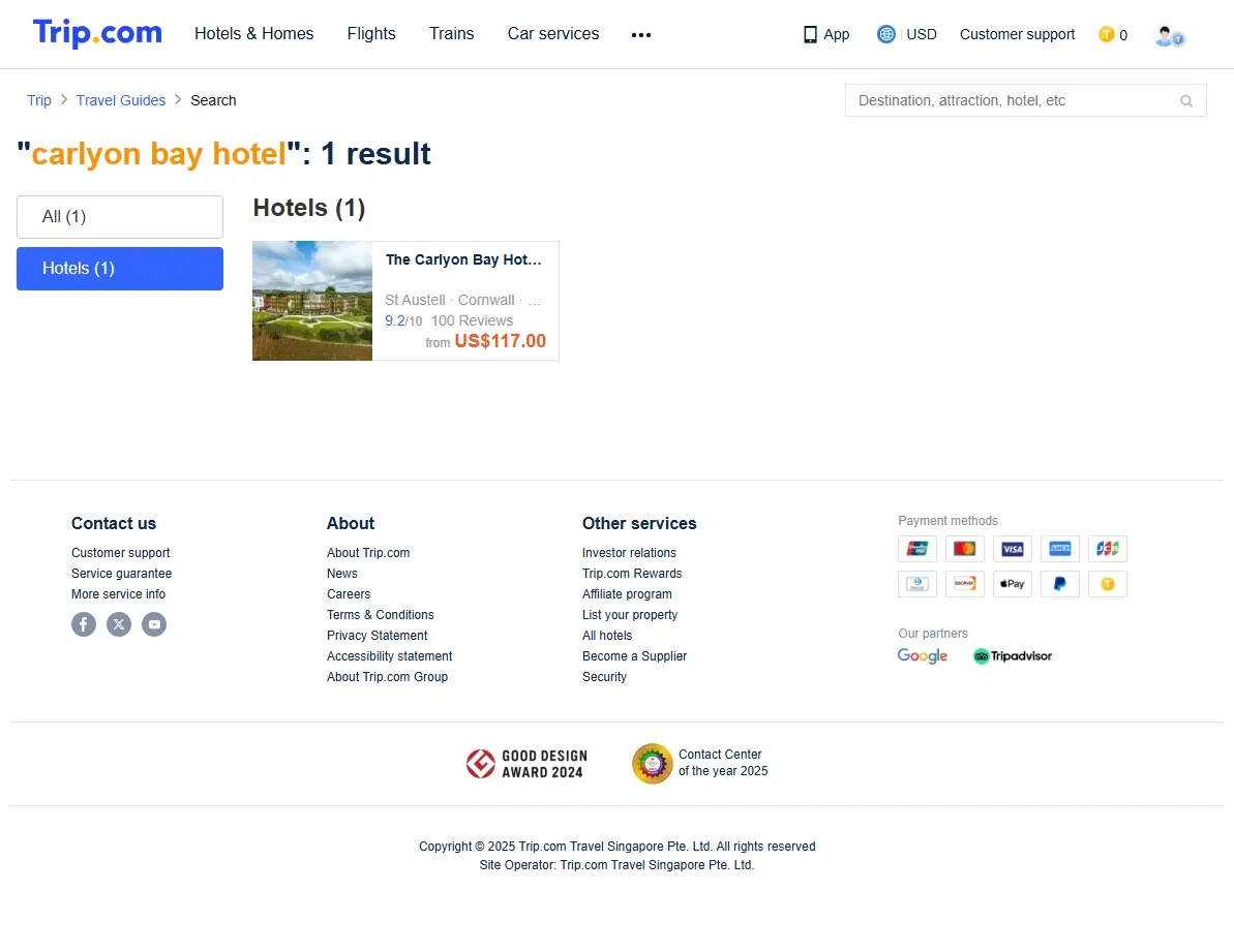 Screenshot of a hotel booking website showing offers for Carlyon Bay Hotel