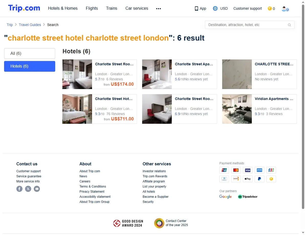 Screenshot of hotel booking website showing special offers for Charlotte Street Hotel