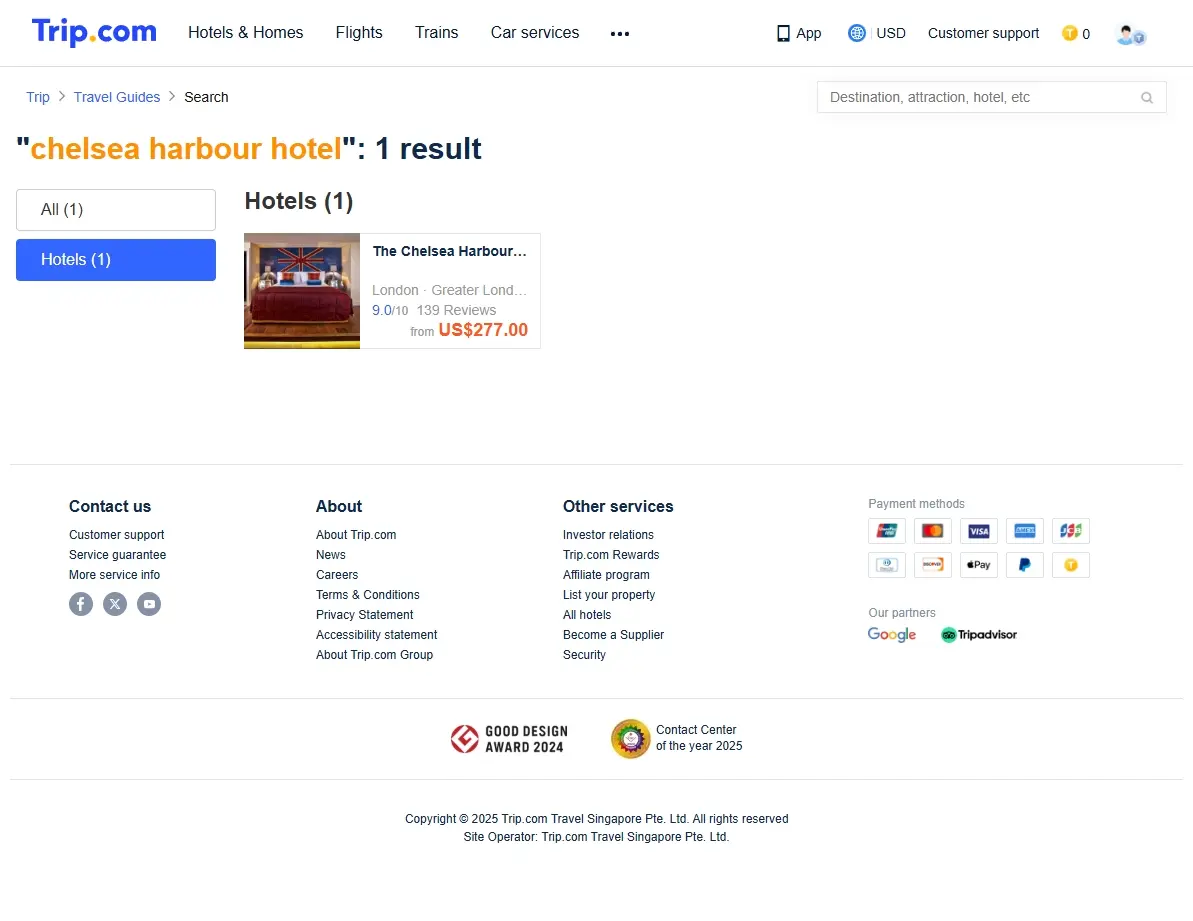 Screenshot of hotel booking website showing special offers for Chelsea Harbour Hotel