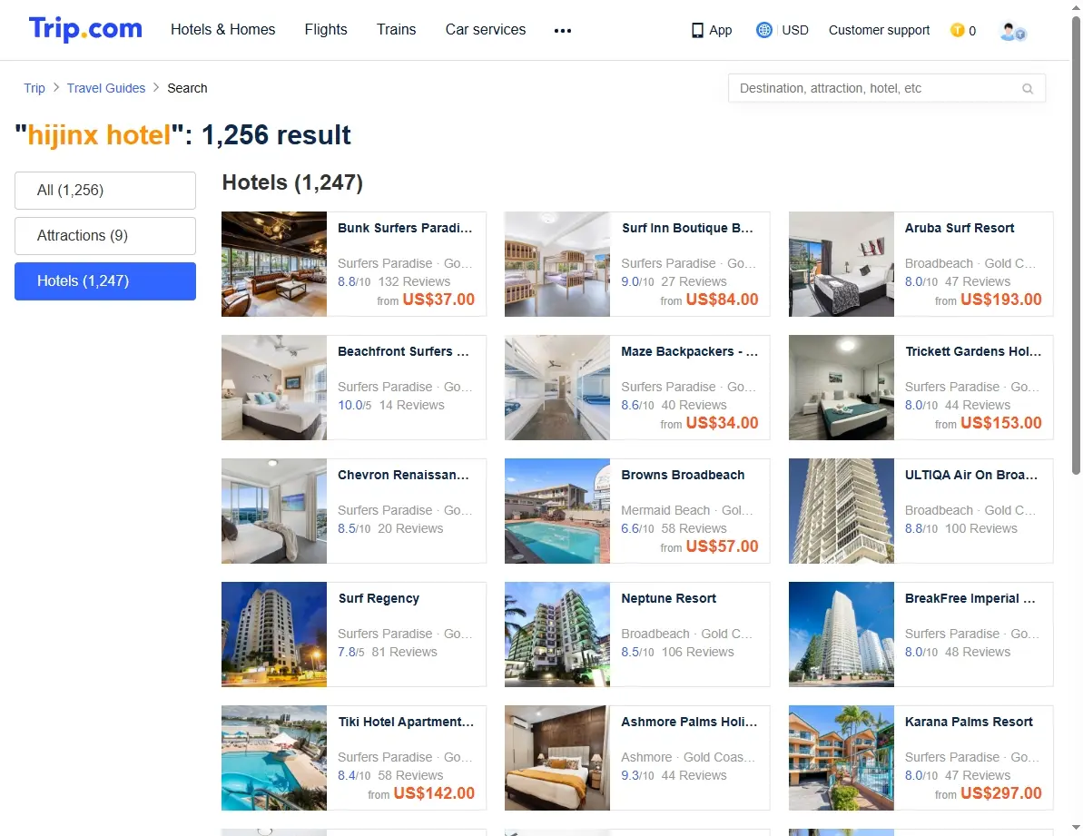 Screenshot of Trip.com showing special hotel offers near Hijinx Hotel