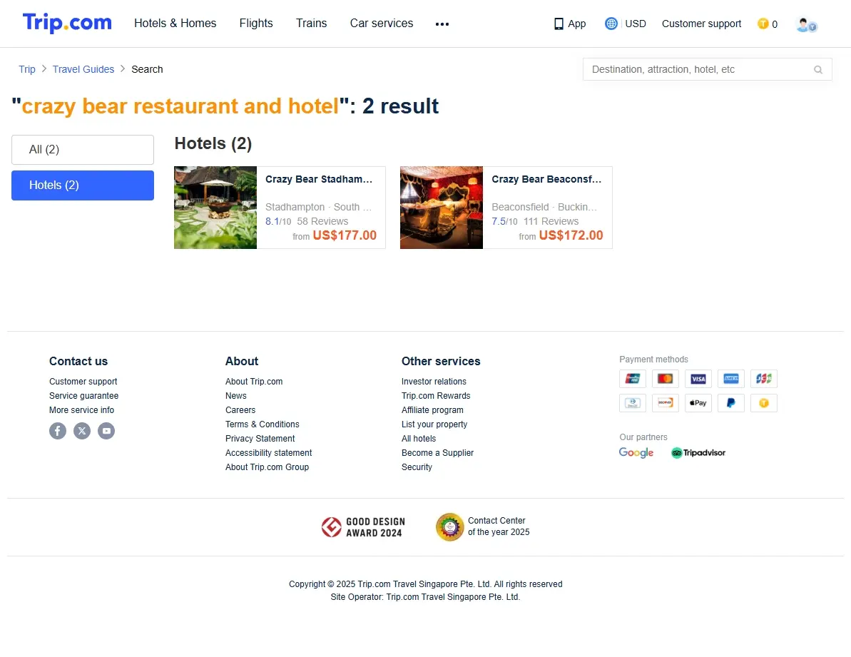 Screenshot of hotel offers page for the Crazy Bear Hotel on Trip.com