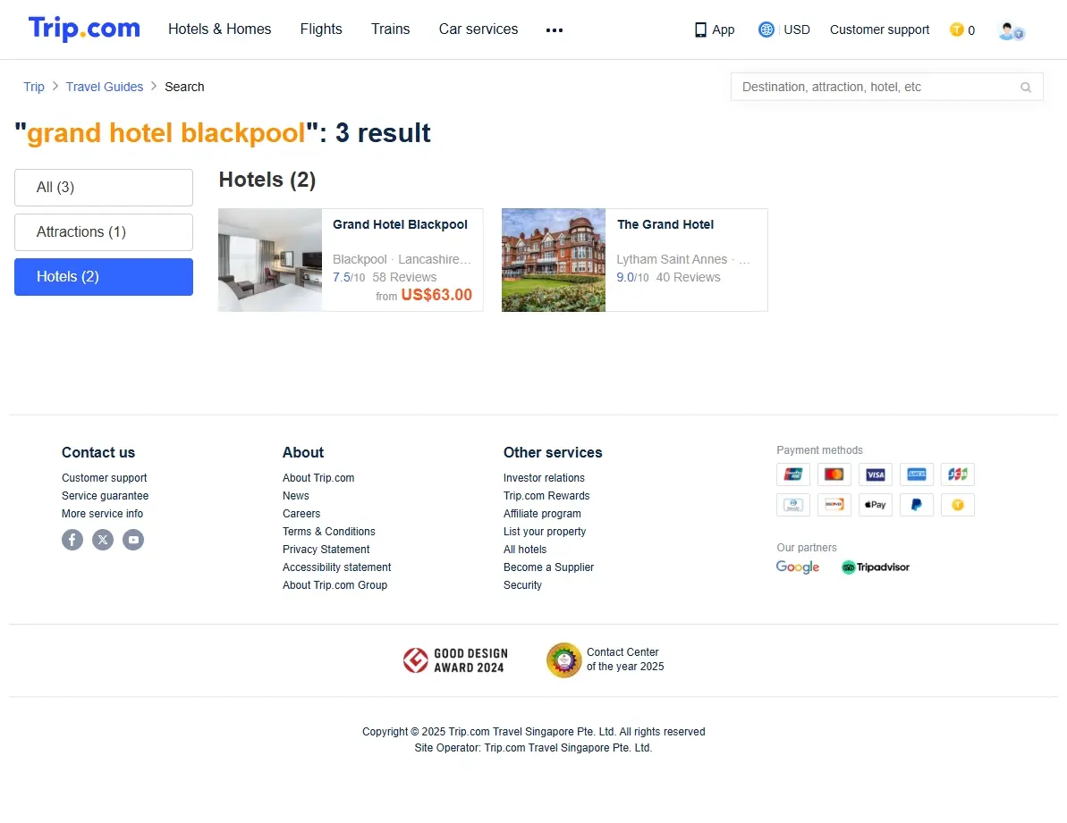 Screenshot of hotel booking deals for Grand Hotel Blackpool