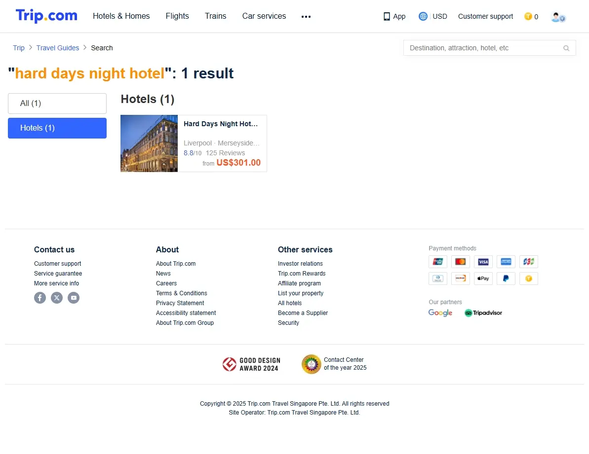 Screenshot of a hotel booking website showing offers for the Hard Days Night Hotel