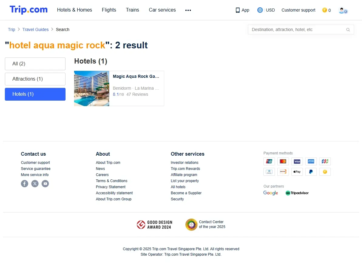 Screenshot of Trip.com showing Hotel Aqua Magic Rock offers