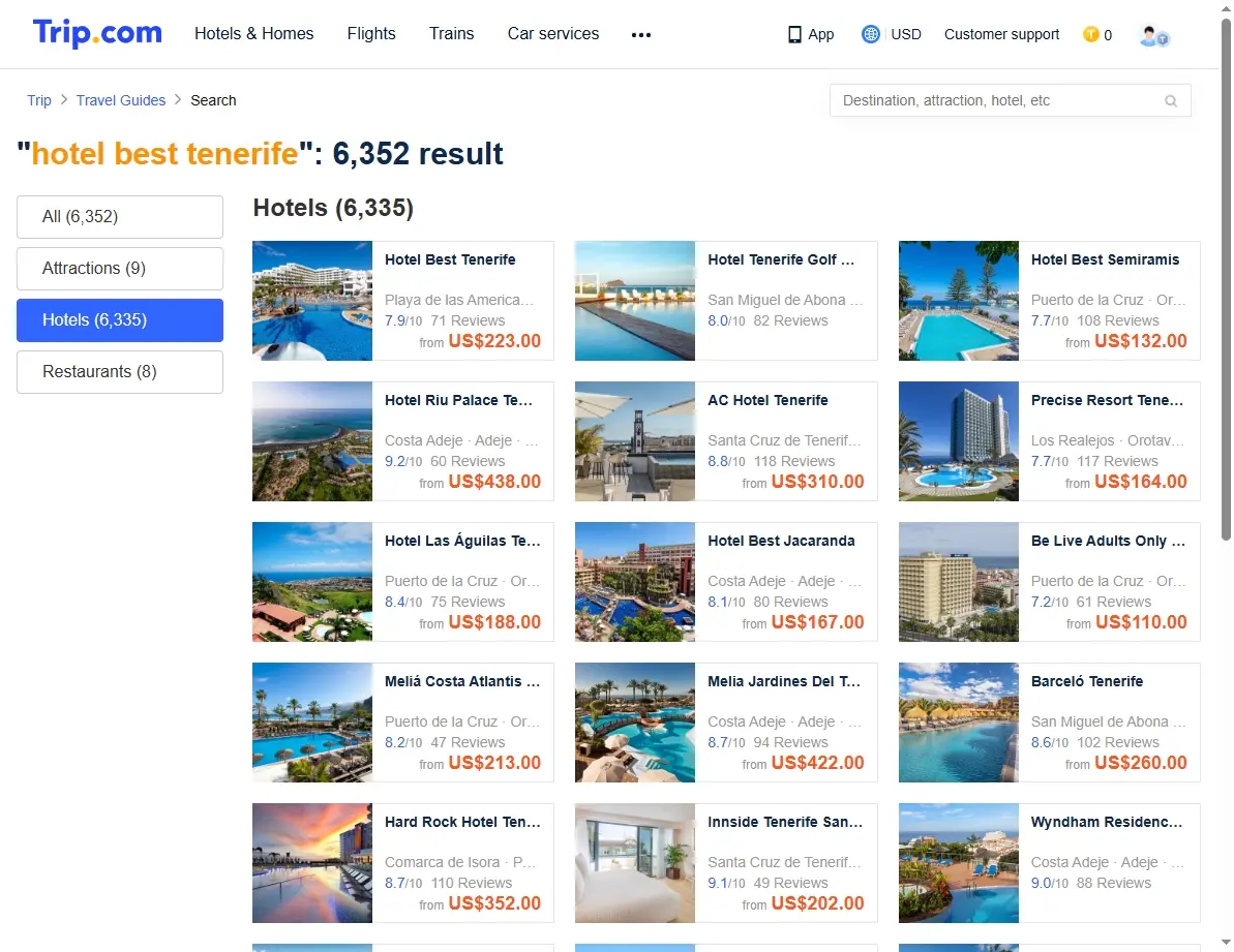 Screenshot of hotel offers page showing Tenerife deals