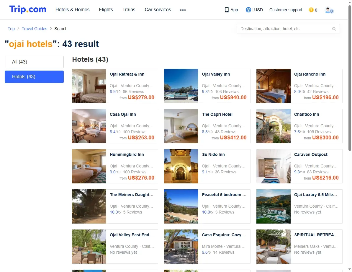 Screenshot showing Ojai hotel search results and special offers on Trip.com