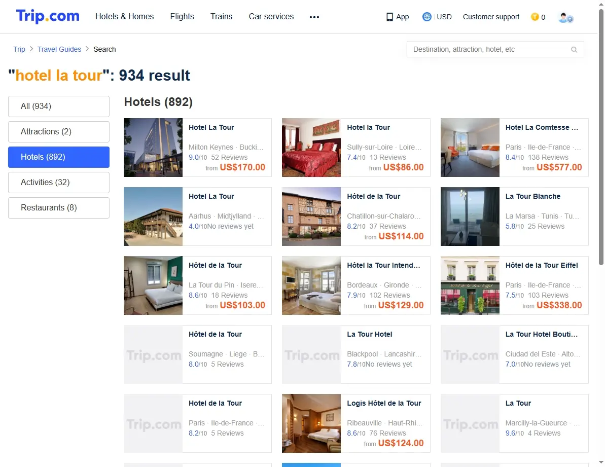 Screenshot of hotel booking website showing special offers for Hotel La Tour.