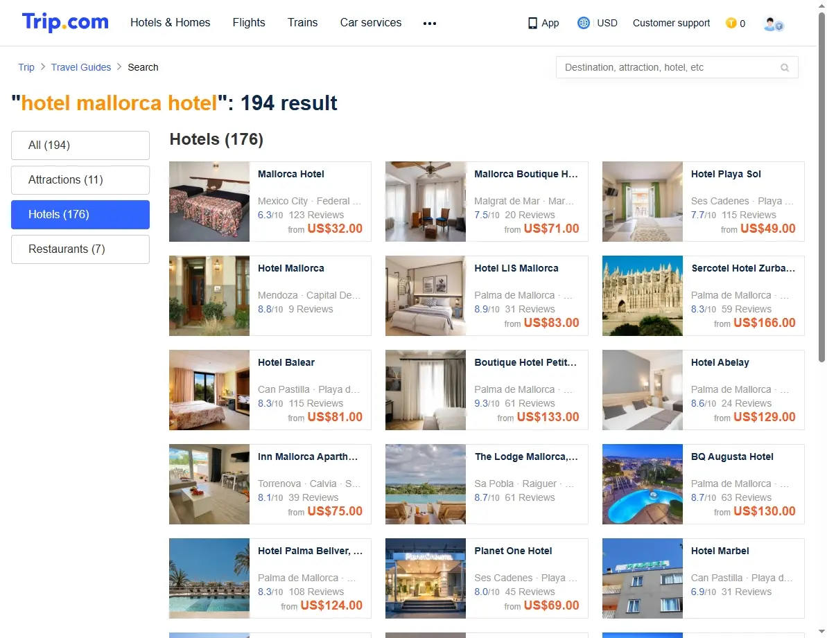 Screenshot of hotel search results with special offers highlighted.