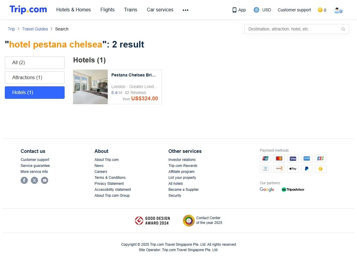 Screenshot of hotel booking website showing special offers for Hotel Pestana Chelsea
