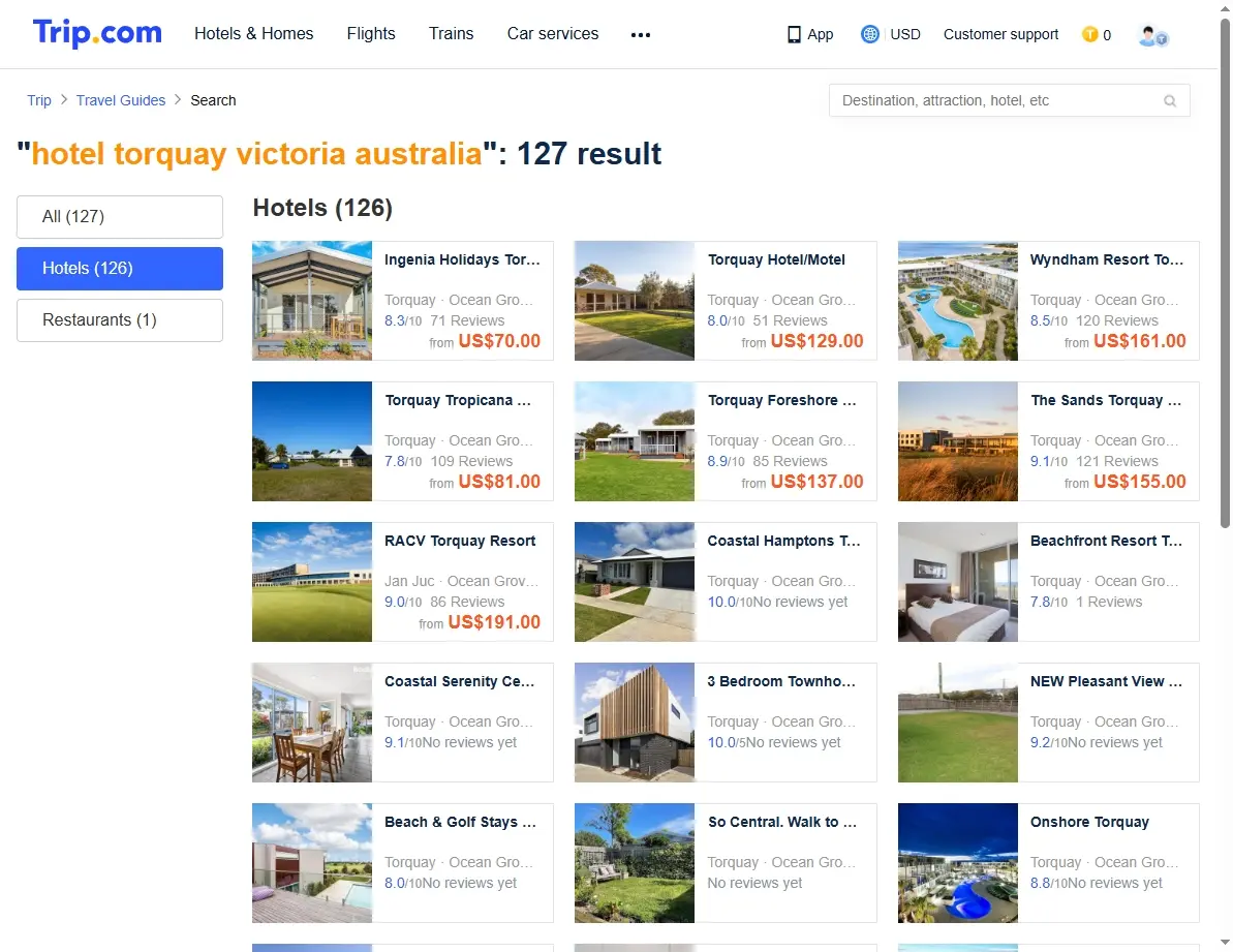 Screenshot showing hotel offers for Torquay, Victoria