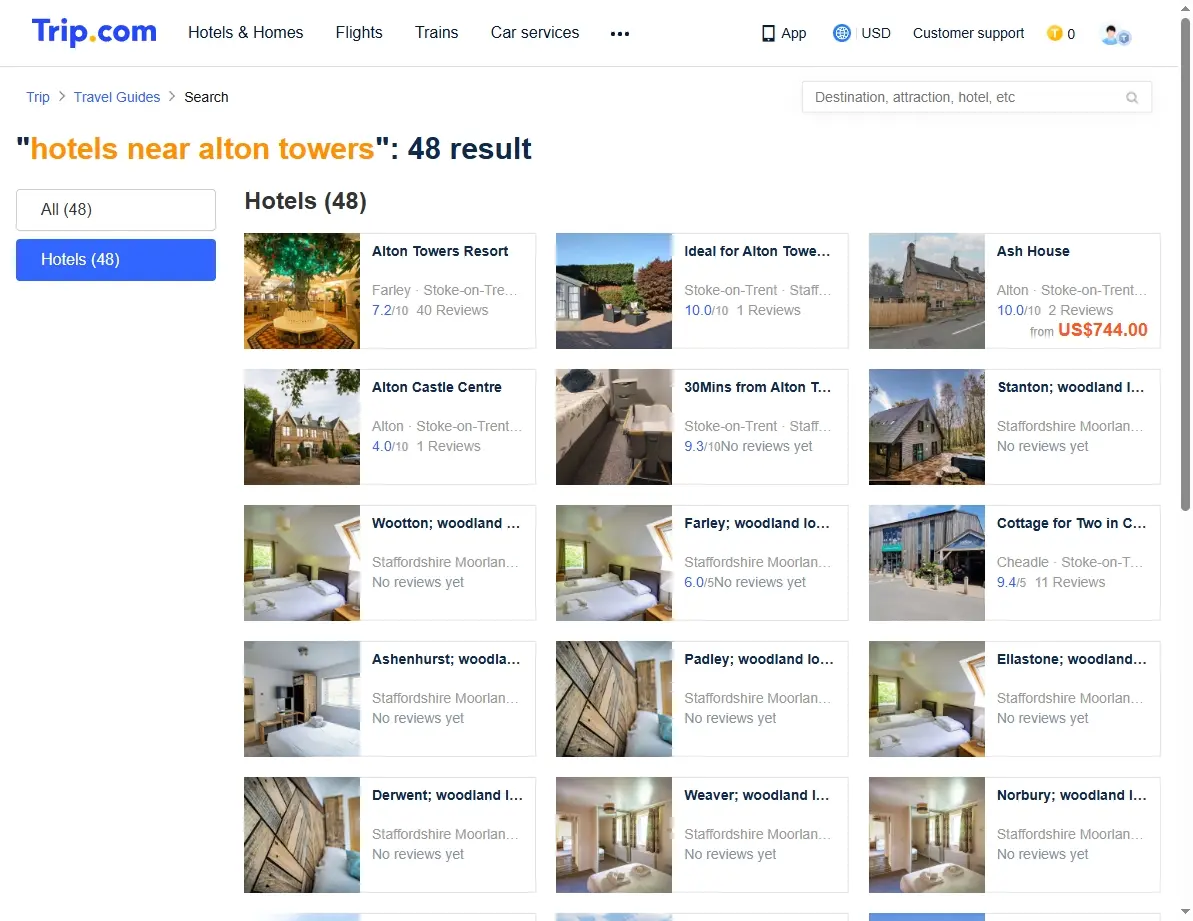 Screenshot of Trip.com showing special hotel offers near a theme park.