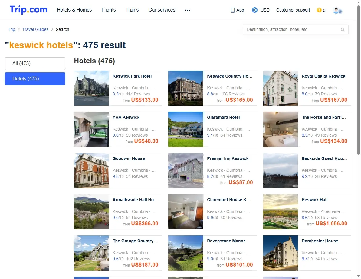 Screenshot of a hotel booking website showing offers for Keswick hotels.