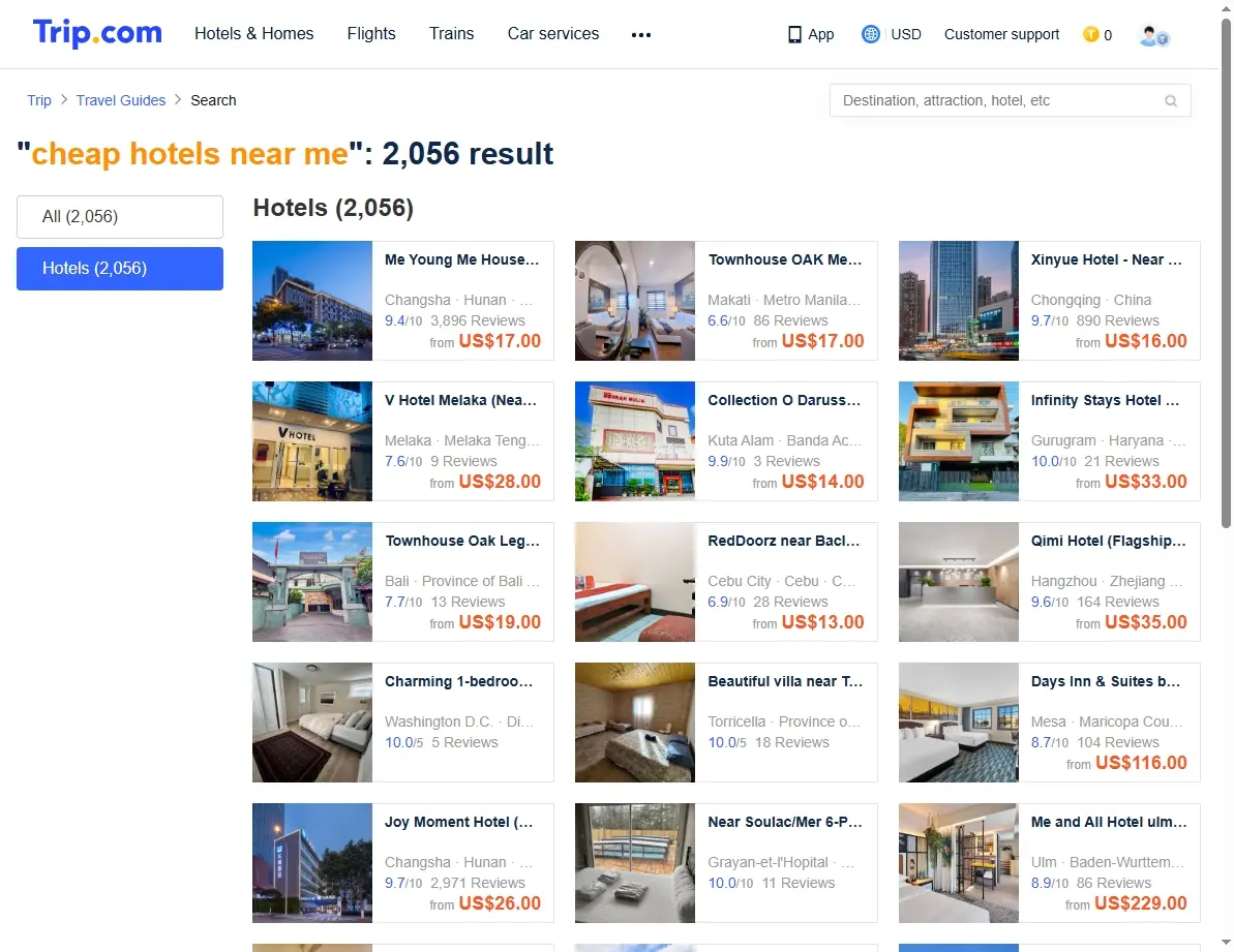 Screenshot showing special offers for travelers searching for budget hotels