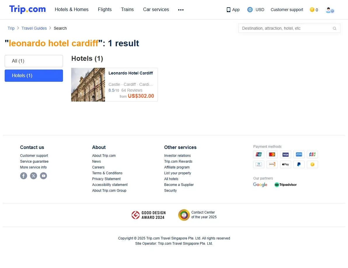 Screenshot showing special offers and traveler reviews for the Leonardo Hotel Cardiff.