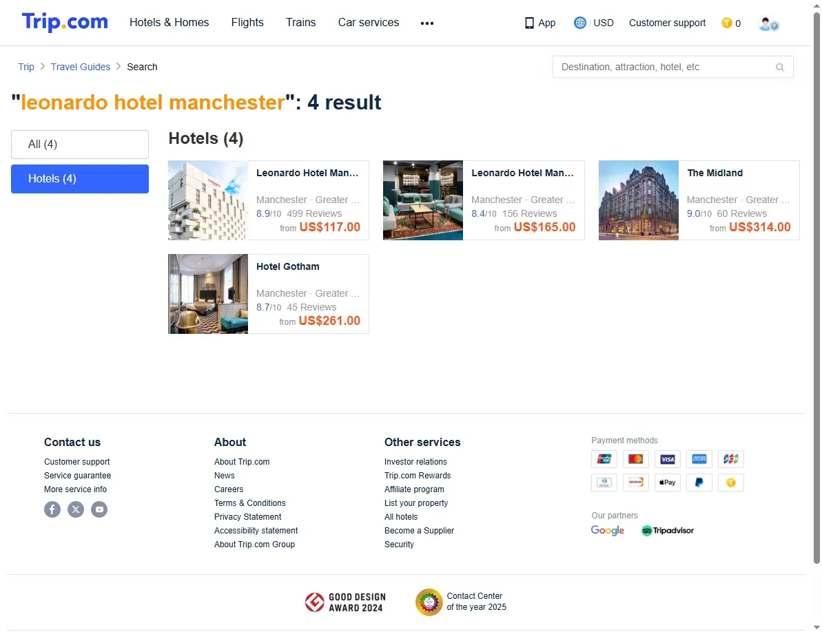 Screenshot of hotel booking website showing special deals for Leonardo Hotel Manchester