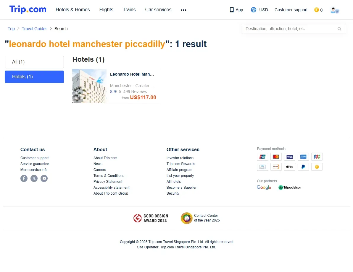 Trip.com screenshot showing deals for Leonardo Hotel Manchester Piccadilly